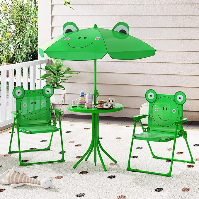Costzon Kids Picnic Table, Kids Outdoor Table with 2 Folding Chairs, Height Adjustable Umbrella, Portable Children Outdoor Furniture for Patio, Garden, Backyard (Green)