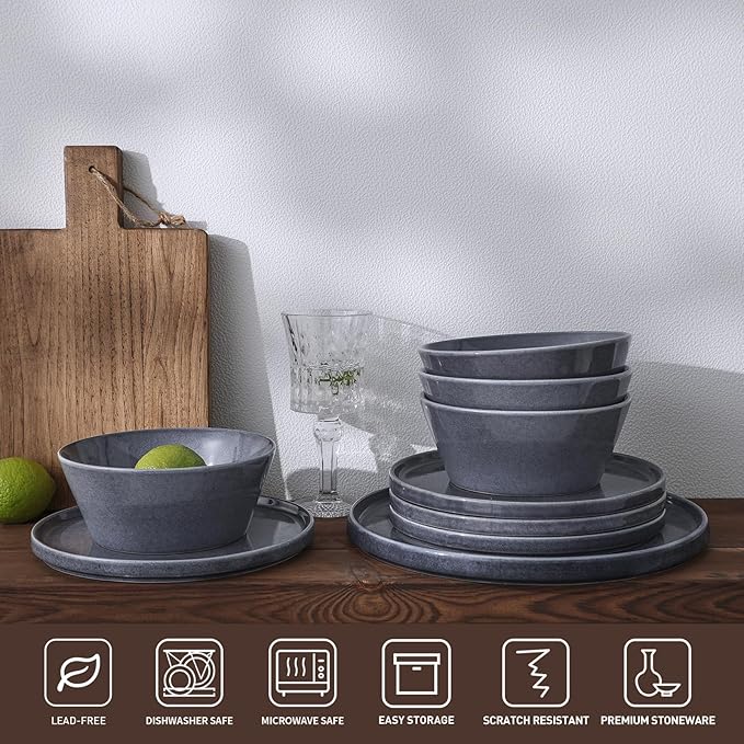 Famiware Annecy Dinner Plates and Bowls Sets, Stoneware Dinnerware Sets, Dishes Set for 6, 18 Pieces Handmade Dishware Set - Microwave & Dishwasher Safe, Double Reactive Glaze Tableware, Misty-Blue