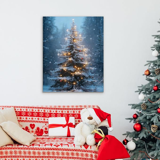 Framed Christmas Pictures Wall Decor,Vintage Pine Tree Prints,Winter Christmas Canvas Wall Art Decoration for Bedroom Bathroom Living Room Rustic Xmas Holiday Gifts (Christmas Tree 15, 12'' X 16'')