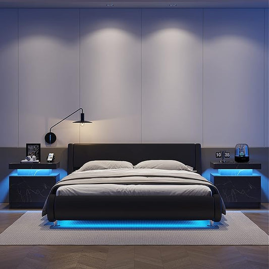 LED Nightstands Set of 2, Modern End Side Table with 2 Drawers, LED Bedroom Furniture for Bedroom and Living Room, Black Marble Pattern