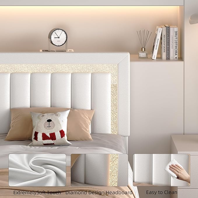 HOMBCK Floating Bed Frame Full with Smart LED Lights, Faux Leather Upholstered Platform Bed with Diamond PU Headboard, No Box Spring Needed, Noise-Free, Easy Assembly, White