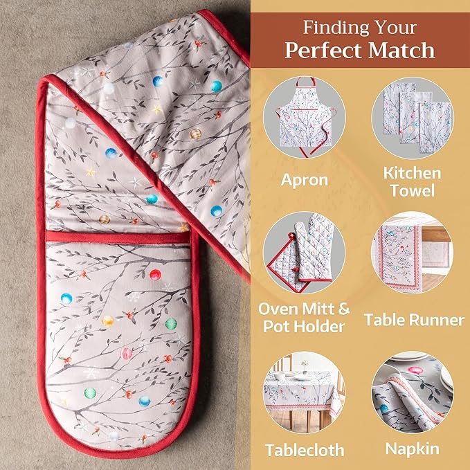 Maison d' Hermine Double Oven Mitt (7" x 35") 100% Cotton Heat Resistant BBQ Cooking Gloves with Loop for Thanksgiving Christmas Decorations Baking Cooking Barbeque Handling Hot Pan (Fairy Christmas)