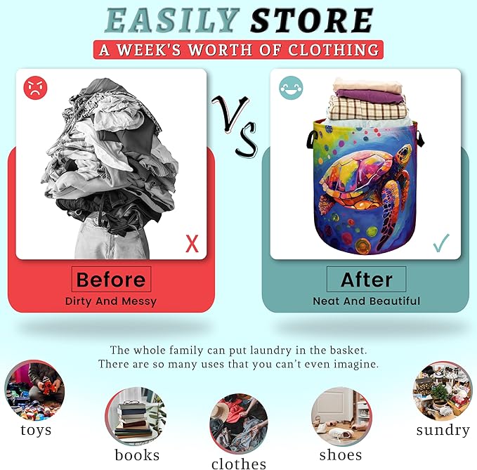 Colorful Sea Turtle Laundry Basket Foldable With Handles Tote Bag Oxford Cloth Cute Turtles Laundry Hamper 18.9" x 16.5" Clothes Storage Bucket Toy Organizer For Bathroom/Laundry/Bedroom