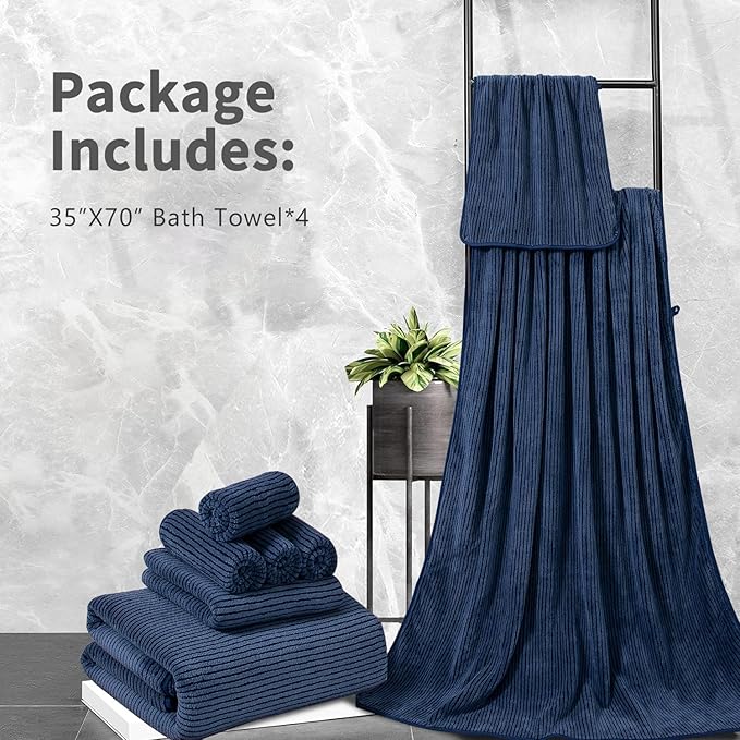 4 Piece Bath Towel Set 35"x70"Oversized Bath Towel for Bathroom Ultra Soft Fluffy Extra Large Bath Sheet Luxury Premium Bathroom Towel Highly Absorbent Quick Dry Shower Towel for Hotel Spa,Navy Blue