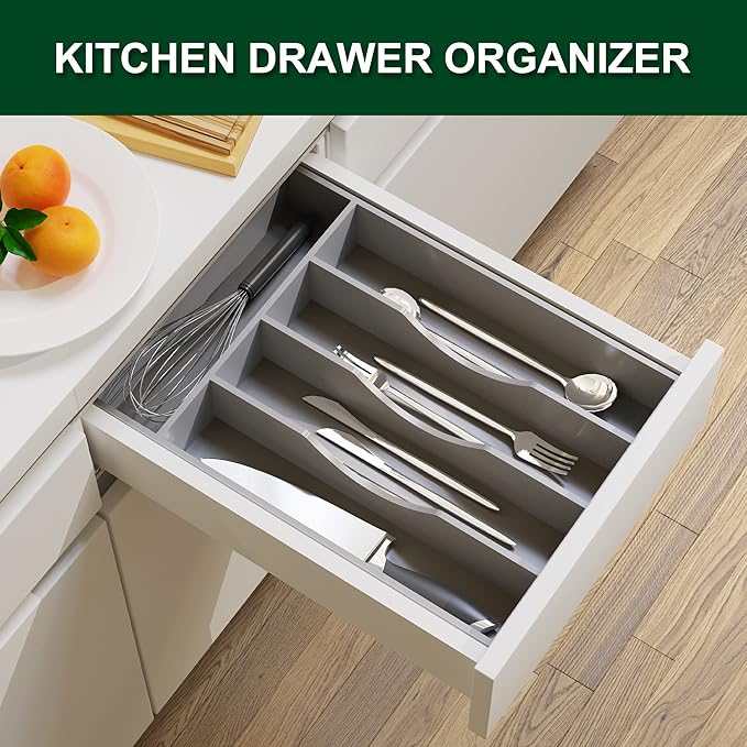 Bellsal Grey Utensil Organizer 10 Inch Silverware Tray for Drawer Utensil Holder Cutlery Organizer Kitchen Drawer Organizer 5 Compartment Small Narrow Bamboo