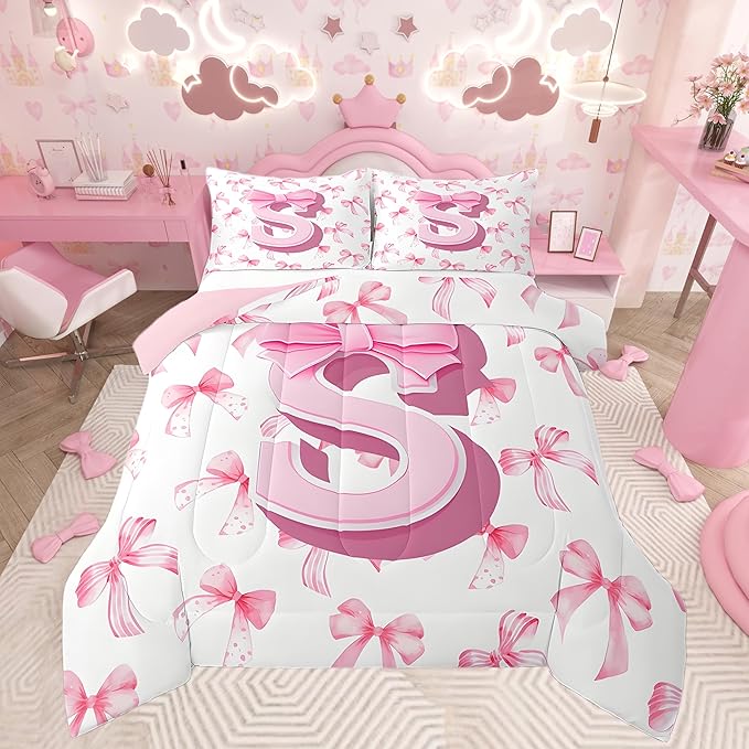 jejeloiu Kids Girls Cute Pink Bow Comforter Set Queen Size Monogrammed Bedding Set Ultra Soft Personalized Initial S Duvet Quilt Coquette Bow Knot Quilt Set Room Decor Modern Fashion Comforter
