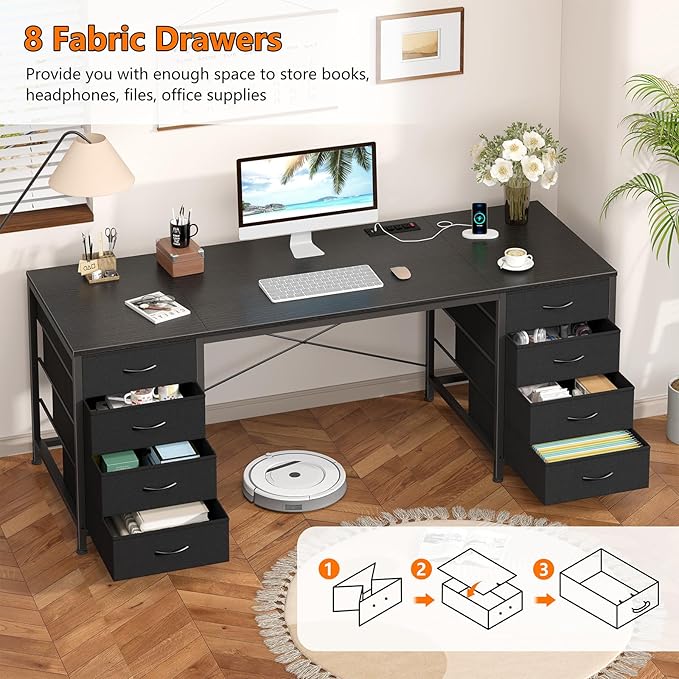 60 Inch Computer Desk with 8 Drawers, Home Office Desk with Power Outlets, Work Study Gaming Desk with 8 Fabric Drawers, Black