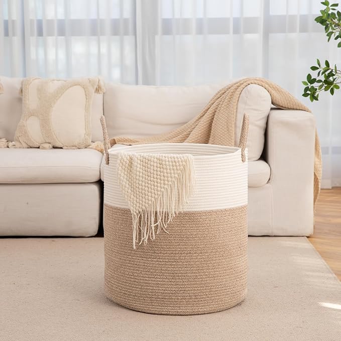 OIAHOMY 100L Laundry Hamper, Dirty Clothes Hamper for Bedroom, Collapsible Laundry Basket, Large Blanket Basket, Nursery Hamper with Handle, Blanket Storage for Living Room-18.5x21inches-Brown&White