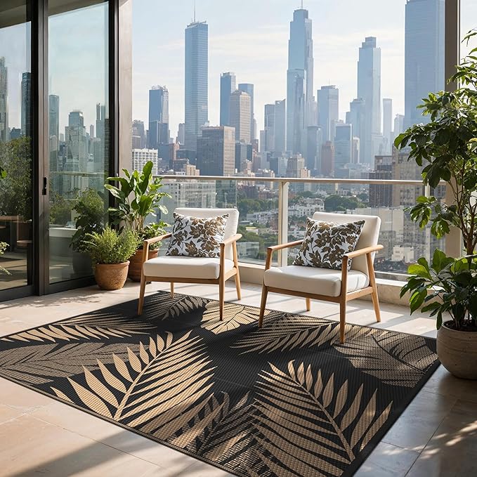 Outdoor Rug 9’x12’ Waterproof for Patio Clearance, Reversible Indoor Outdoor Plastic Straw Camping Rug Carpet, RV Mat, Large Area Rug for Deck, Backyard, Balcony, Porch, Beach, Black & Brown
