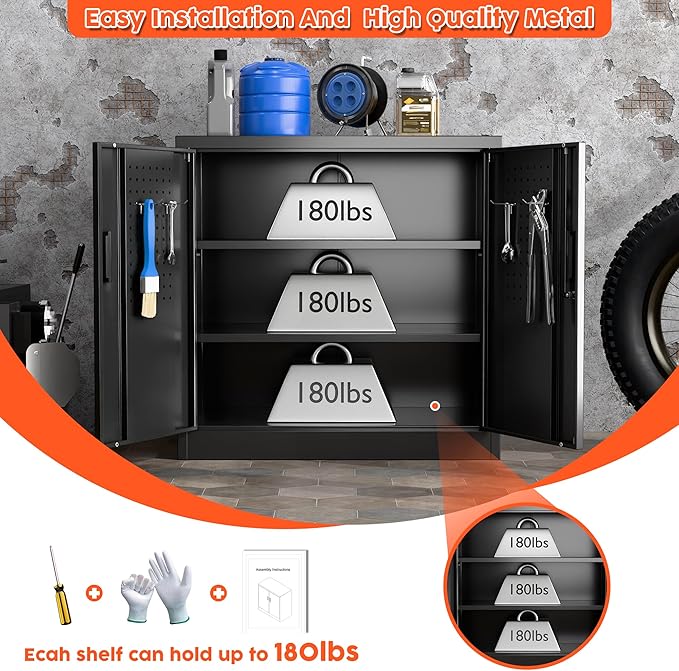 Aobabo 31.5" H Metal Storage Cabinet with 2 Shelves, Steel Lockable Cabinet with 4 Hooks for Home Office Garage, Black, Assembly Required