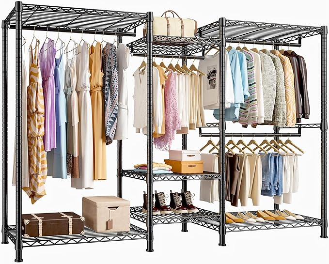 Raybee Clothes Rack Heavy Duty Clothing Racks for Hanging Clothes Adjustable Hanging Clothes Rack Garment Rack, Black, 13.9" D x 70.6" W x 77" H