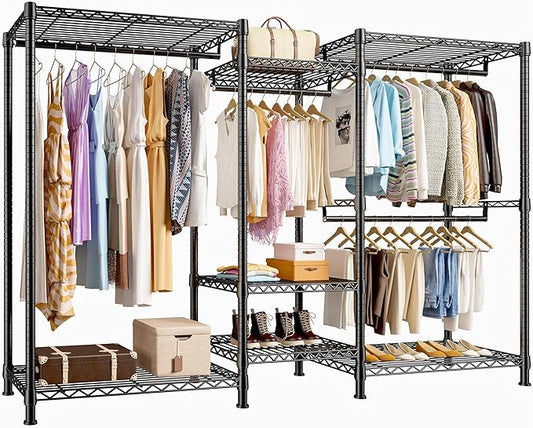 Raybee Clothes Rack Heavy Duty Clothing Racks for Hanging Clothes Adjustable Hanging Clothes Rack Garment Rack, Black, 13.9" D x 70.6" W x 77" H