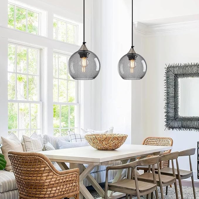Light Grey Glass Pendant Lights Kitchen Island Globe Pendant Light Fixtures Modern Pendant Lighting for Bedroom Living Dining Room Light Fixture (5.9 in, 2 Pack)