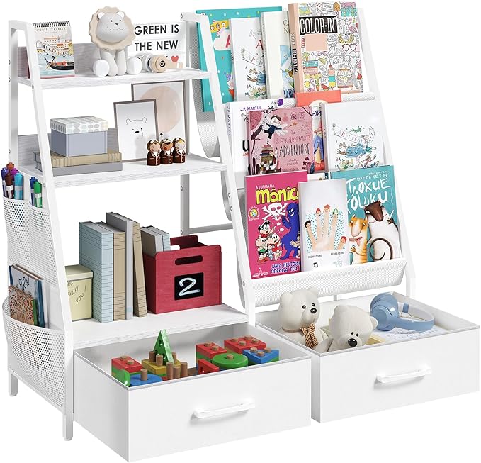 Kids Bookshelf and Toy Storage,3-Tier Sling Bookcase for Kids,Sturdy Toddler Bookshelf for Nursery,Playroom, Bedroom,White KBWT8401