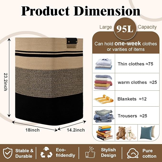 Laundry Hamper, 95L Tall Laundry Basket with Leather Handles, Rectangle Large Clothes Hamper for Organizing, Cotton Woven Laundry Baskets Storage Hampers for Bedroom, Nursery, Living Room
