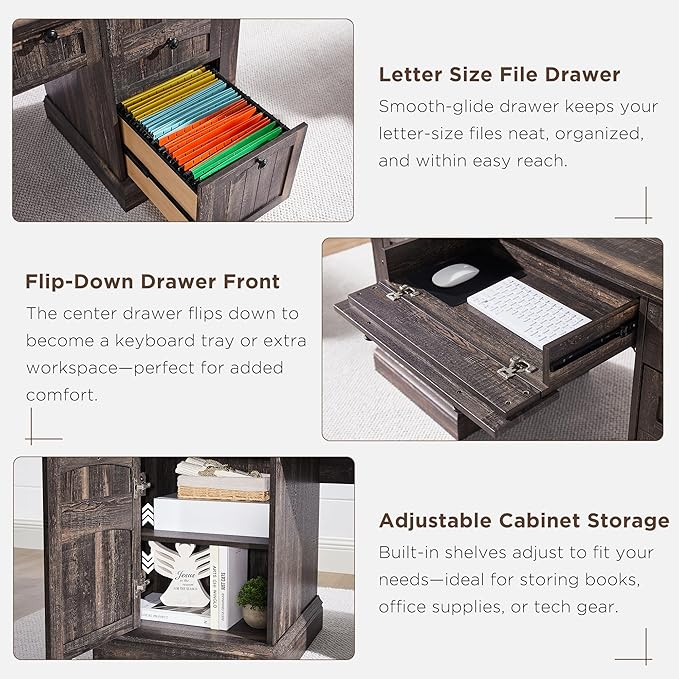 OKD 60" Executive Desk with Drawers, Farmhouse Home Office Desk with Charging Station, Keyboard Tray, File Cabinet Storage, Wood Computer Desk for Work and Study, Dark Rustic Oak