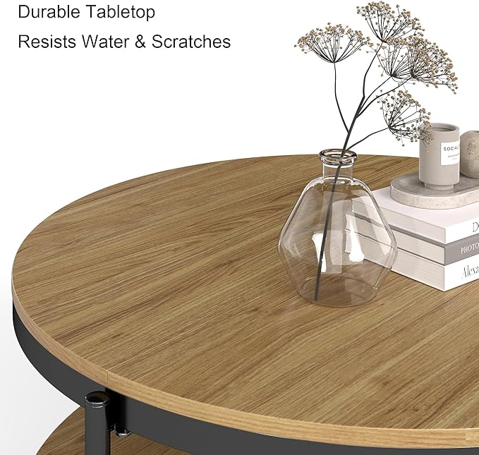 Manora Round Coffee Table with Storage Shelf, Rustic Wood Center Table with Black Metal Frame, Modern Circle Living Room Table for Small Spaces (Oak)