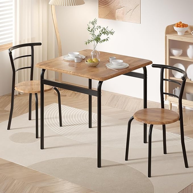 VECELO 3 Piece Dining Table & Chairs Set for 2, Metal and Wooden Square Kitchen Dinette Set for Small Space, Breakfast Nook, Saving Space, Brown