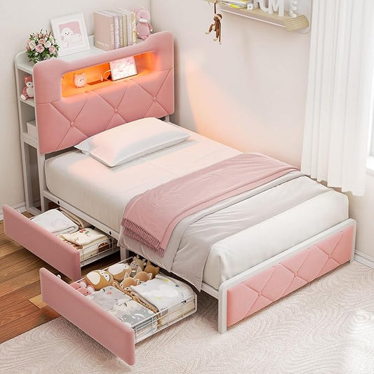 Twin Upholstered LED Bed Frame with 2 Storage Drawers and 2-Tier Storage Bookcase Headboard, Velvet Princess Platform Bed for Kids/Girls/Boys, Heavy Duty Metal Support, No Box Spring Needed, Pink