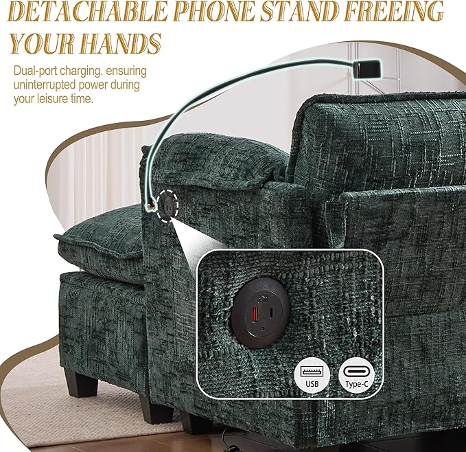 KEIKI 110" L-Shaped Boucle Modular Sectional Chenille Sofa with 1 Ottoman & Memory Foam Cushion & Phone Holder & USB, Upholstered Oversized 4-Seater Couch, Easy Assembly, for Living Room, Emerald