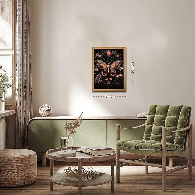 Framed Vintage 3D Textured Wall Art - Gothic Butterfly Wall Decor - Hand Drawn Sandstone Nature Botanical Pictures for Living Room Bedroom Home Decor 8x10in