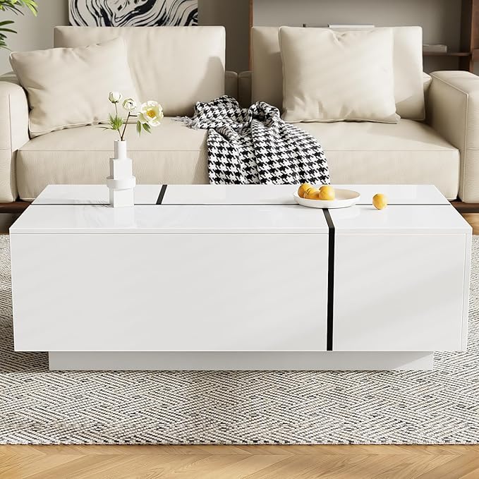 Modern High Gloss Coffee Table with Hidden Storage Space, 47.2-Inch Wooden Extending Top Center Table with Drawers for Living Room, White