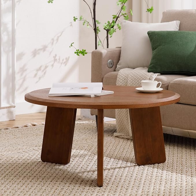 Modern Wood Coffee Table Small Desk Farmhouse Round Coffee Table Floor Table Couch Table Easy Assembly for Living Room/Office/Reception/Sofa Couch End, Walnut