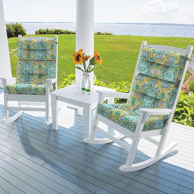 Set of 2 Outdoor High Back Chair Cushions 44"x 22",Water Repellent Rocking Seat Cushions Replacement, Seat/Back Chair Cushions for Patio,Porch,Balcony and Indoor - Damask Green