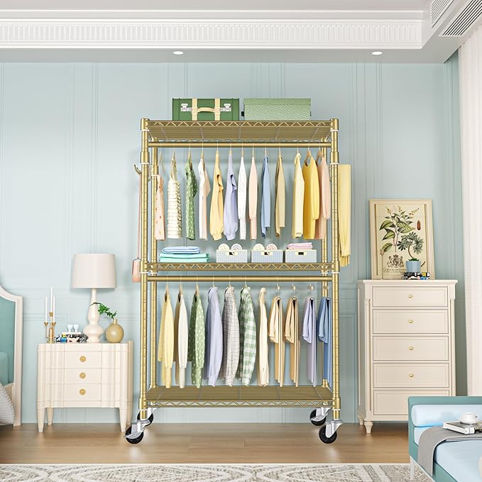 FUTASSI P1 Rolling Clothes Rack, Movable Metal Garment Closet Organizer with Lockable Wheels, Clothing Wardrobe with Double Hanger Rods and Hooks, 35.4" W x 15.7" D x 80.5" H, Load 450lbs, Gold