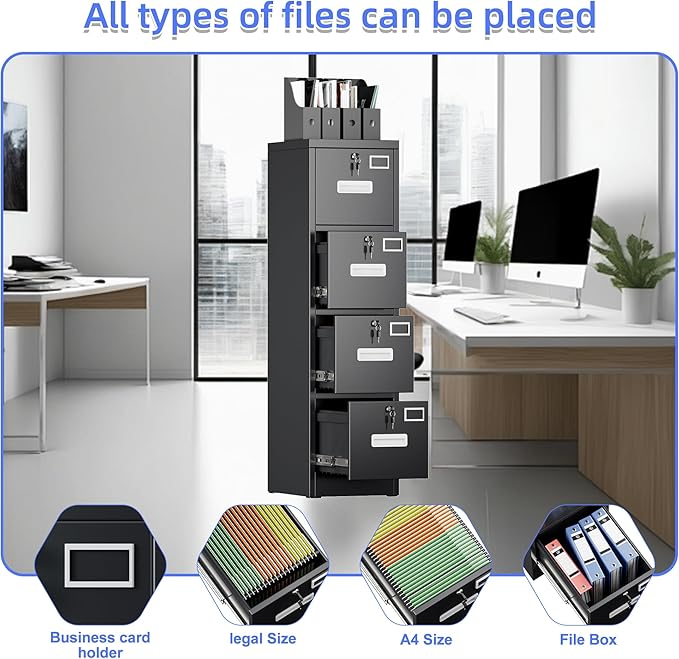 4 Drawer File Cabinet, Metal Vertical Black Filing Cabinets with Locks for Home Office with Name Card Holder for A4 /F4 Size/Letter/Legal Size, Assembly Required(Black)