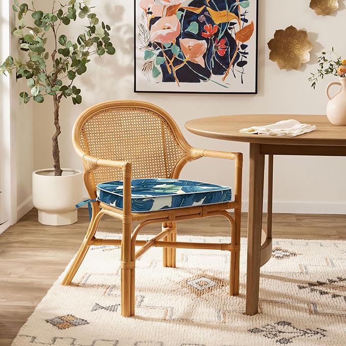 Set of 4 Outdoor Chair Cushions 19"x19"x2",Water Repellent Patio Seat Cushion with Ties and Removable Covers,Dining Chair Cushions for Indoor Kitchen and Patio Furniture,Swaying Palms Blue