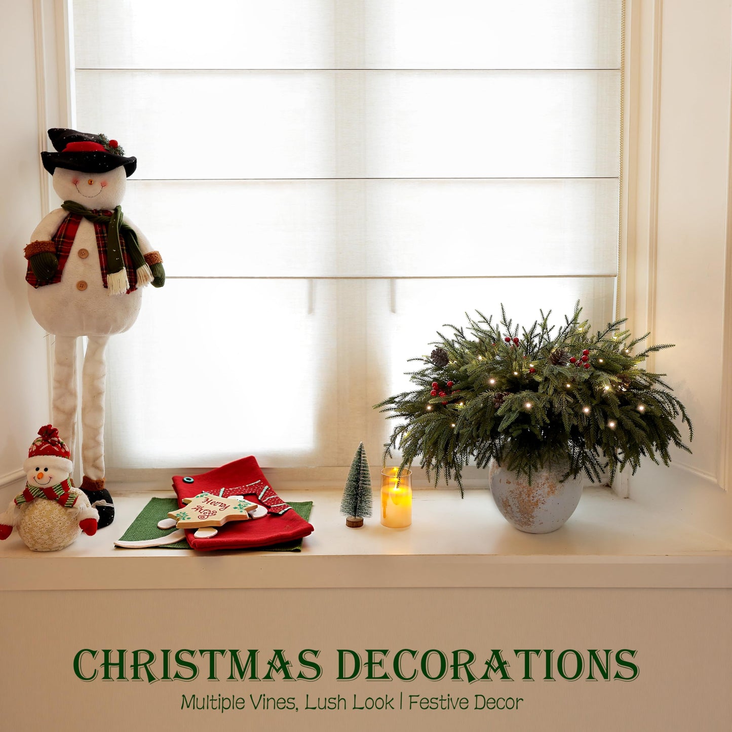 WHANLEY L&Q 20-Piece Set 23" Christmas Norfolk Pine Branches with Lights - Battery Operated Christmas Decorations - Warm Lights -Norfolk Pine Stems for Xmas DIY Crafts Garland Wreath- Christmas Decor