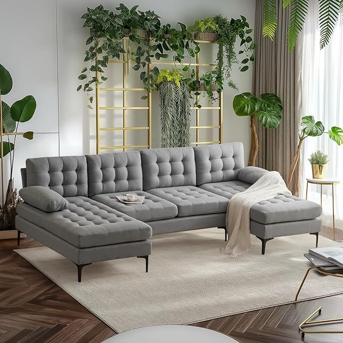 VINGLI 110" Modern U Shaped Sectional Sofa Couch with 51"D Double Chaise for Living Room, Large Tufted Button Couch Sets with 5.9" Thickness Seating Padding for Small Spaces (Light Grey,Tufted Button)