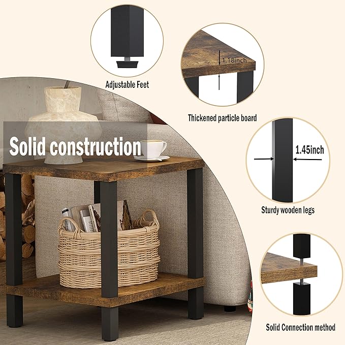 Large End Table Square Side Table Modern Sofa Table 20 Inch Industrial Coffee Table NightStand with 2-Tier Storage Shelf for Living Room Bedroom Rustic Brown MLBZ06R