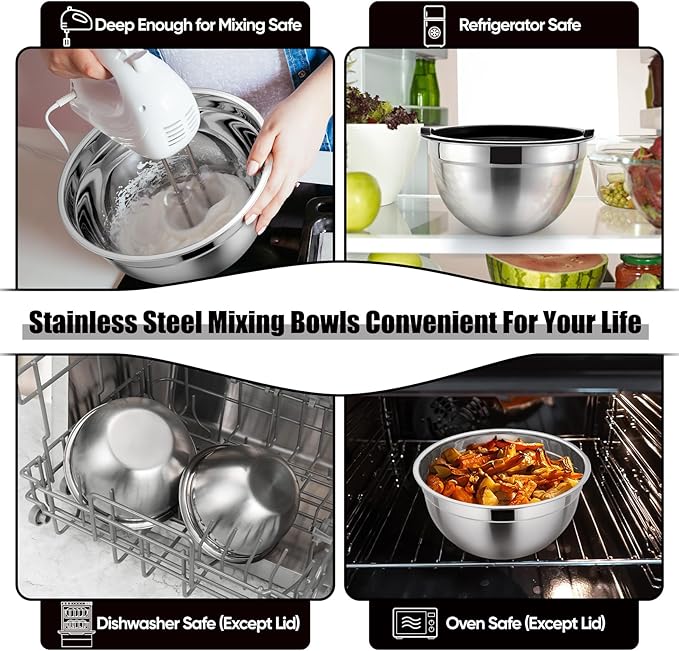 P&P CHEF Mixing Bowl with Airtight Lid Set of 5, 10-Piece Stainless Steel Nesting Salad Bowl Set for Prepping, Mixing and Serving, Size 4.6, 3, 1.5, 1, 0.7 QT, Rimmed Edges & Flat Base, Black