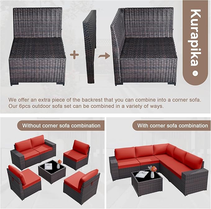Kurapika 9 Pieces Patio Furniture Set, Rattan Wicker Sofa Set, Outdoor Conversation Sets w/Swivel Rocking Chairs Patio Sectional Sofa w/4 Inch Cushion, Red