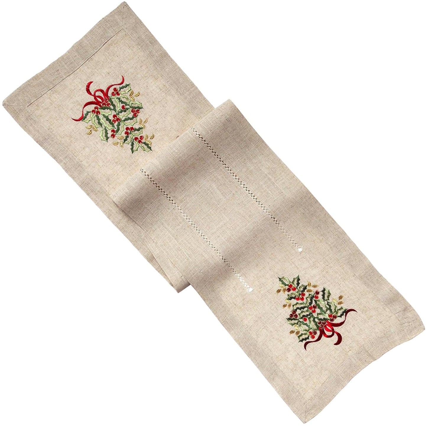 SARO LIFESTYLE 60041.N1654B Holly Collection Christmas Tree Embroidered Table Runner, 16" x 54", Natural