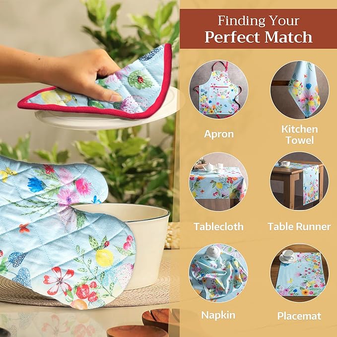 Maison d' Hermine Pot Holders 100% Cotton Heat Resistant Potholders 8" x 8" Hot Pads with Loop BBQ, Cooking, Baking, Grilling, Kitchen, Handling Hot Pans Spring/Summer (Pack of 1, Jardin D'Ete - Mint)