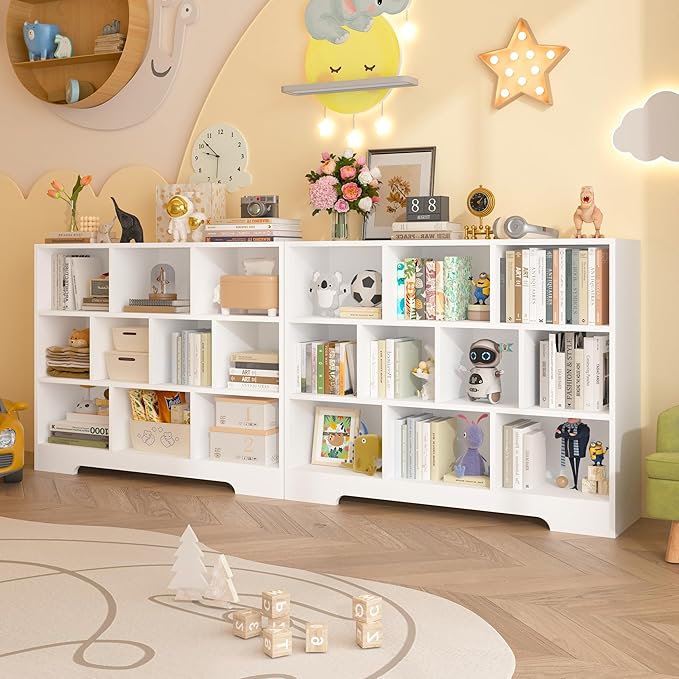 Kids Book Shelf Set of 2, 10 Cubes Storage Organizer Montessori Bookshelf, 3-Tier Wooden Kids Bookcase, Toy Storage Organizer for Children, White Toddler Bookshelf Cube Shelf for Kid’s Room
