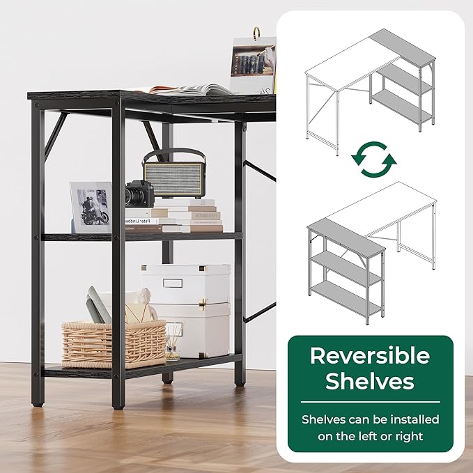 Huuger L Shaped Desk, 47 Inches Computer Desk with Reversible Storage Shelves, Gaming Corner Home Office Writing Study with Metal Frame, Black
