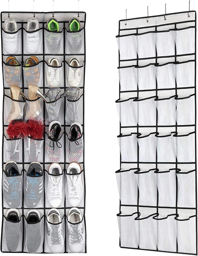 Hanging Shoe Organizer, Over The Door Shoe Organizer with 24 Mesh Large Pockets Door Shoe Rack for Men Women Kids Hanging Door Shoe Holder Size:58x21 Inch (White-2pack)