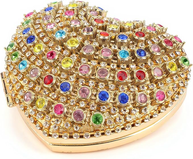 Ayliss Jewelry Trinket Box Heart Shaped Rhinestones Love Jewelry Gift Box Storage Organizer Ring/Earrings/Necklace Women Evening Clutch Rhinestone Purses (Gold)
