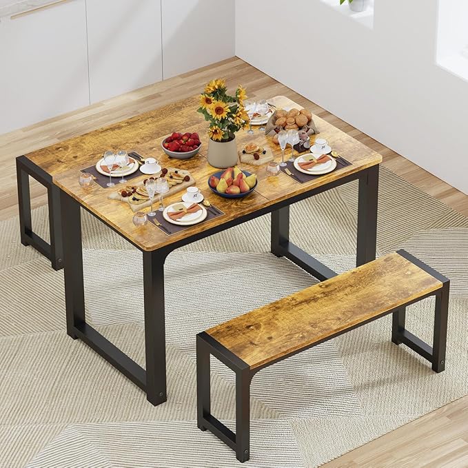 Gizoon 63” Kitchen Table Sets for 4 with 2 Benches Extendable Dining Table Set for 4 with Chairs Dining Room Table and Chairs for Kitchen Apartment Outdoor and Home Office, Rustic Brown