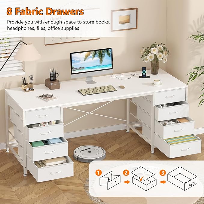 60 Inch Computer Desk with 8 Drawers, Home Office Desk with Power Outlets, Work Study Gaming Desk with 8 Fabric Drawers, White