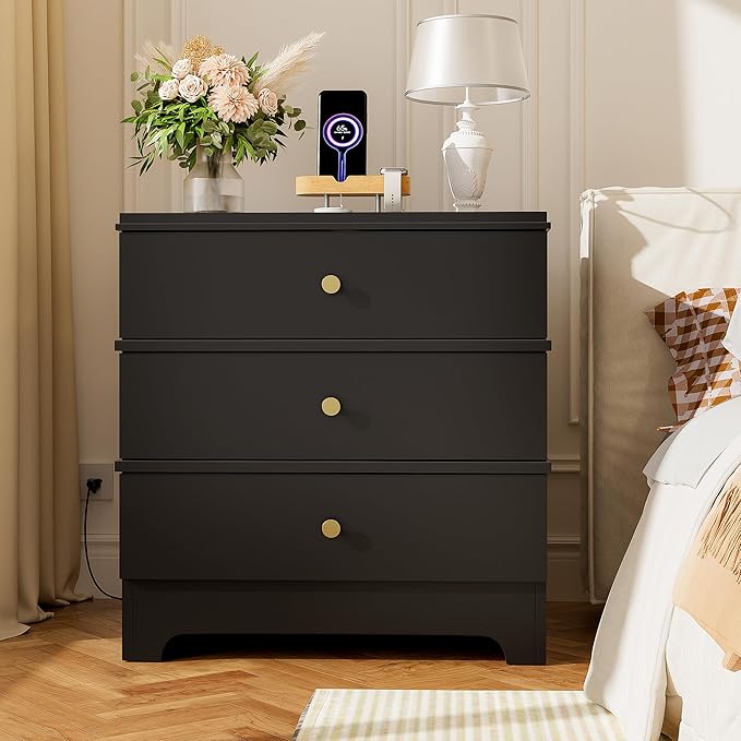 3 Drawer Nightstand with Charging Station,24" Farmhouse Night Stand, Small Chest of Drawers, Wood Bedside Table Cabinet for Bedroom, Living Room, Hallway, Black