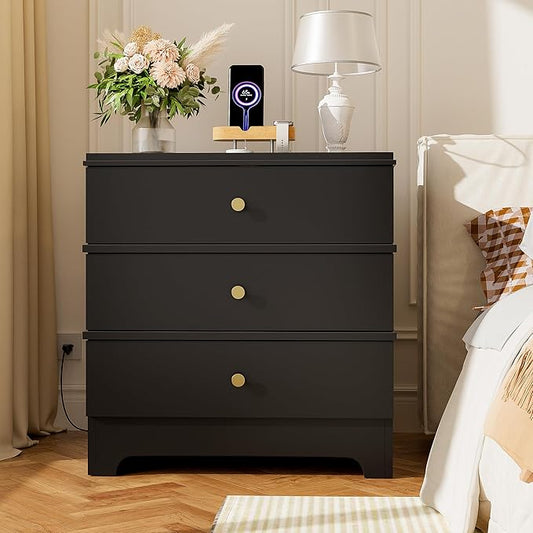3 Drawer Nightstand with Charging Station,24" Farmhouse Night Stand, Small Chest of Drawers, Wood Bedside Table Cabinet for Bedroom, Living Room, Hallway, Black