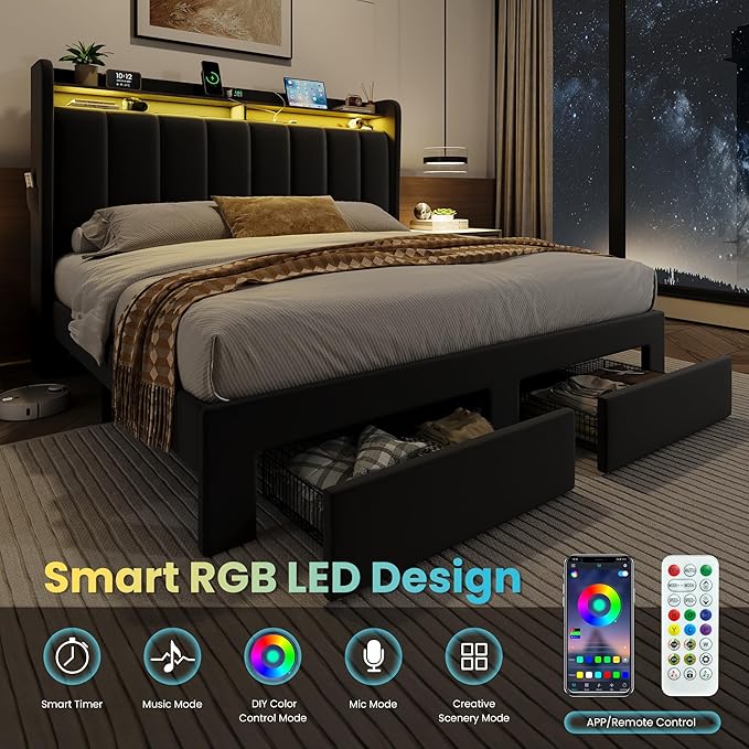 SHA CERLIN Velvet Full Size Bed Frame with Vertical Channel Tufted Wingback Headboard & 2 Storage Drawers/2-Tier Shelves with LED Lights & Charging Station/Noise-Free/No Box Spring Needed/Black