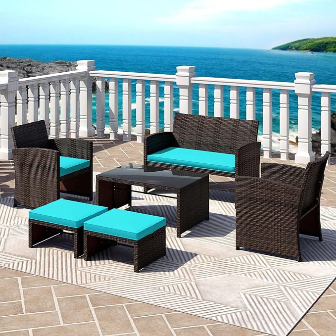 Tangkula 6 Pieces Patio Furniture Set, Outdoor Sectional Conversation PE Rattan Sofa Set with 1 Loveseat, 1 Coffee Table, 2 Armchairs and 2 Ottomans for Garden, Deck, Backyard and Poolside (Turquoise)
