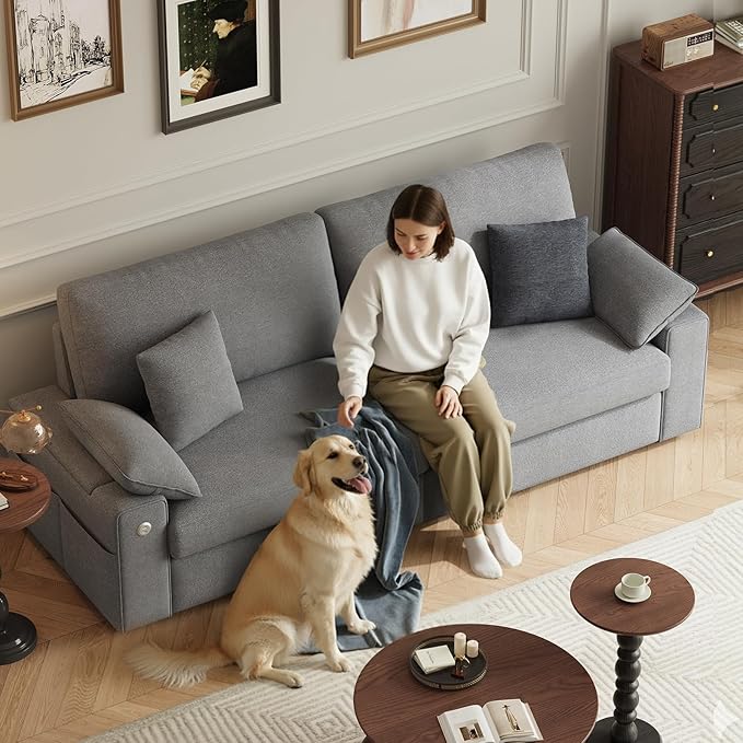 89" Loveseat Sofa, Cloud Foam Couch, 3 Seater Upholstered Midcentury Mondern Love Seat with USB Type C Ports, 4 Pillows and Flip-Open Storage Armrest for Living Room/Small Spaces, Grey