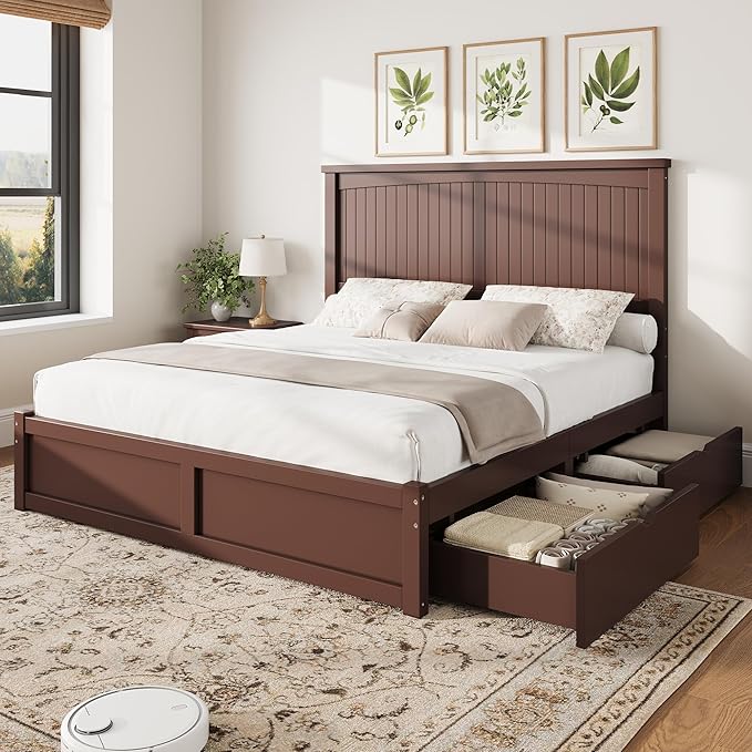 AMERLIFE King Size Solid Wood Bed Frame with 50" Tall Headboard, Mid-Century Modern Bed with Storage, Wooden Platform Bed with 2 Drawers, No Box Spring Needed, Espresso